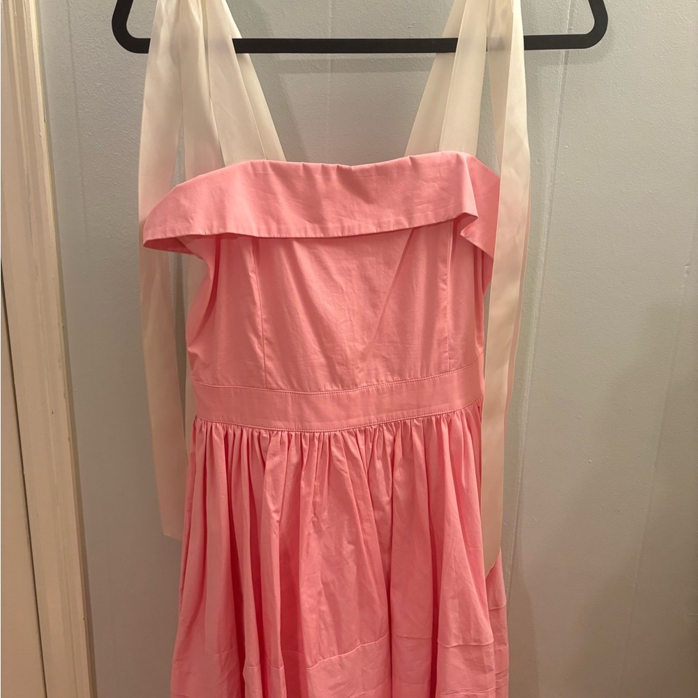 Pink Off-Shoulder Cotton Dress with Ribbon Straps
